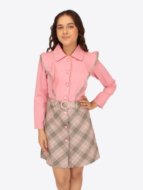 Cutecumber_Girls_Check_&_Georgette_Checkered_Winter_Full_Sleeve_Dress_with_Belt_Pink
