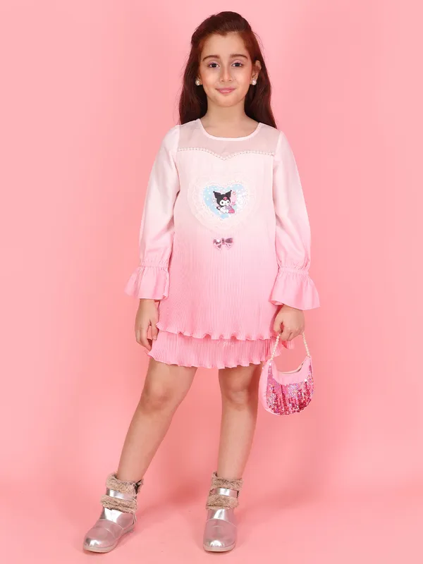 Cutecumber_Girls_Pink_Ombre_Long_Sleeve_Knee_Length_Dress_with_Handbag_Cartoon_Motif_&_Bell_Cuffs_Stylish_Winter_Outfit_for_Kids_&_Baby_Girls_Birthday_Festive_Casual_(Age_1�15_Yrs)