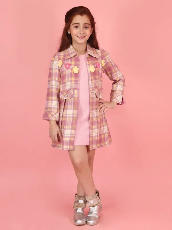 Cutecumber_Winter_Waffle_Knit_Dress_Set_for_Girls_Dusty_Pink_Floral_Plaid_Collar_Neck_Full_Sleeve_Knee-Length_Ensemble_Overcoat_&_Frock_Button_Closure_Party_Outfit_for_Baby_Girls_&_Kids_Age_1-15_Yrs
