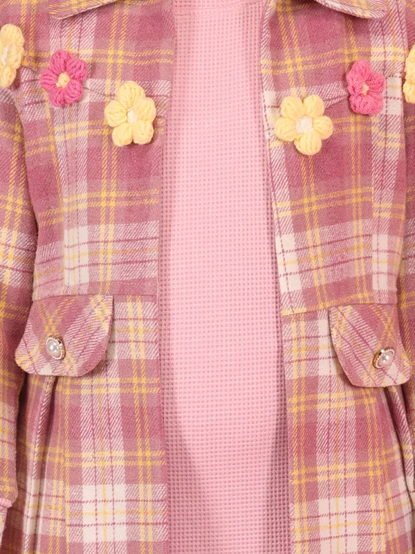 Cutecumber_Winter_Waffle_Knit_Dress_Set_for_Girls_Dusty_Pink_Floral_Plaid_Collar_Neck_Full_Sleeve_Knee-Length_Ensemble_Overcoat_&_Frock_Button_Closure_Party_Outfit_for_Baby_Girls_&_Kids_Age_1-15_Yrs