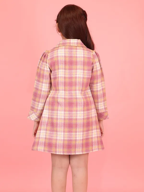Cutecumber_Winter_Waffle_Knit_Dress_Set_for_Girls_Dusty_Pink_Floral_Plaid_Collar_Neck_Full_Sleeve_Knee-Length_Ensemble_Overcoat_&_Frock_Button_Closure_Party_Outfit_for_Baby_Girls_&_Kids_Age_1-15_Yrs
