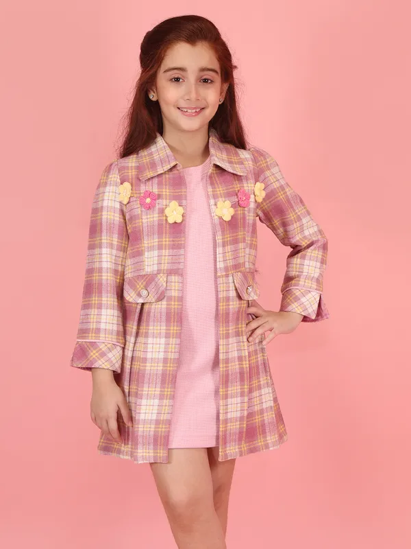 Cutecumber_Winter_Waffle_Knit_Dress_Set_for_Girls_Dusty_Pink_Floral_Plaid_Collar_Neck_Full_Sleeve_Knee-Length_Ensemble_Overcoat_&_Frock_Button_Closure_Party_Outfit_for_Baby_Girls_&_Kids_Age_1-15_Yrs