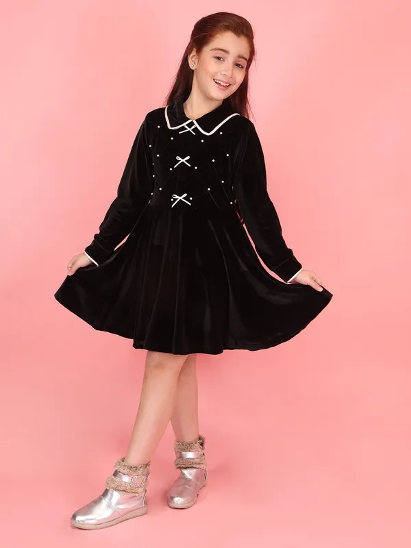 Cutecumber_Black_Winter_Chenille_Fit_&_Flare_Dress_for_Girls_White_Trim_Collar_Neck,_Full_Sleeve_Knee-Length_Frock_Fancy_Bow_Stylish_Wedding_Birthday_Party_Outfit_for_Baby_Girls_&_Kids_Age_1-15_Yrs