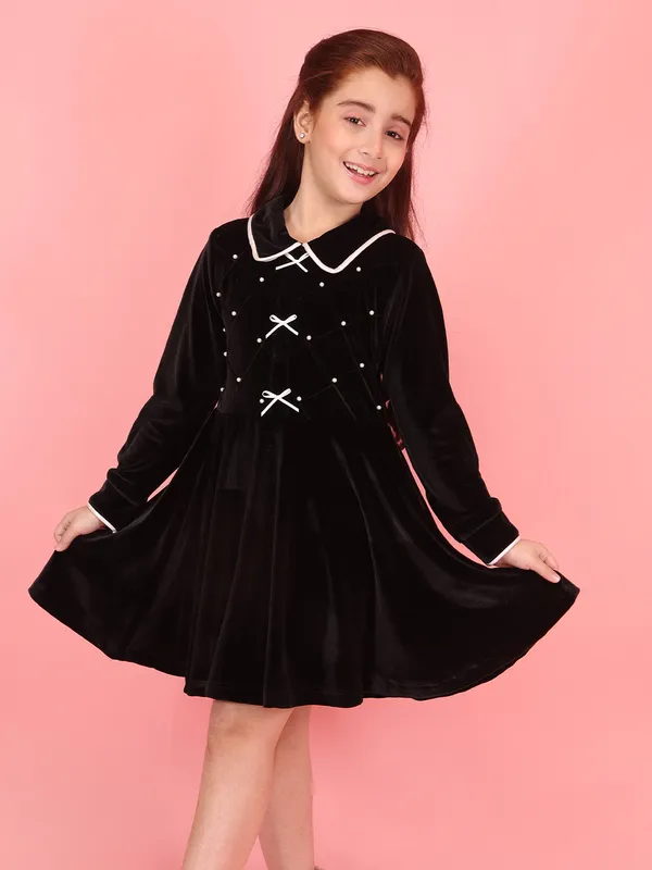 Cutecumber_Black_Winter_Chenille_Fit_&_Flare_Dress_for_Girls_White_Trim_Collar_Neck,_Full_Sleeve_Knee-Length_Frock_Fancy_Bow_Stylish_Wedding_Birthday_Party_Outfit_for_Baby_Girls_&_Kids_Age_1-15_Yrs