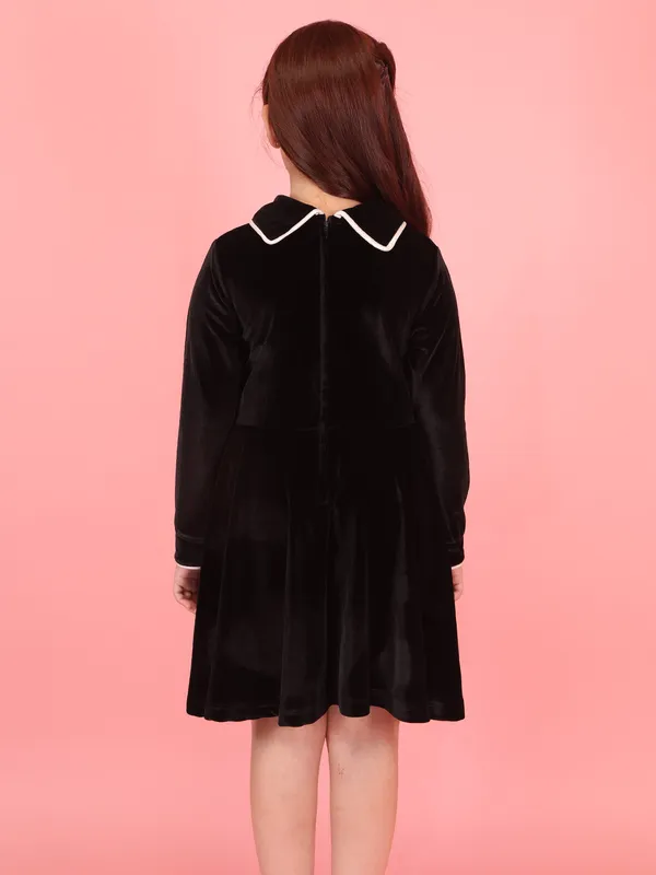 Cutecumber_Black_Winter_Chenille_Fit_&_Flare_Dress_for_Girls_White_Trim_Collar_Neck,_Full_Sleeve_Knee-Length_Frock_Fancy_Bow_Stylish_Wedding_Birthday_Party_Outfit_for_Baby_Girls_&_Kids_Age_1-15_Yrs
