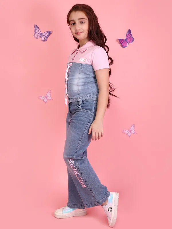 Cutecumber_Girls_Blue_Denim_Pink_Cotton_CO-Ord_Set_Collared_Top_Wide_Leg_Jeans_Pants_Trendy_Summer_Outfit_Stylish_Casual_Party_Comfortable_Breathable_Kids_Clothing_Set_For_Girls_Age_1-15_Yrs