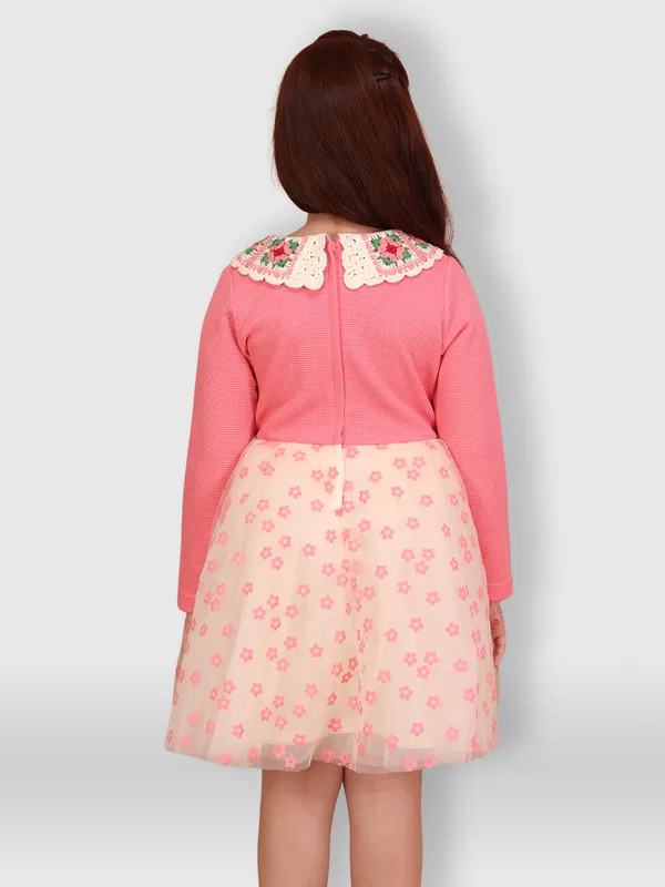 Cutecumber_Girls_Coral_Pink_Top_Cream_Floral_Tulle_Knee_Length_Party_Frock_Dress_with_Embroidered_Collar_�_Elegant_Birthday,_Wedding_Outfit_for_Kids_&_Baby_Girls_(Age_1�15_Yrs)