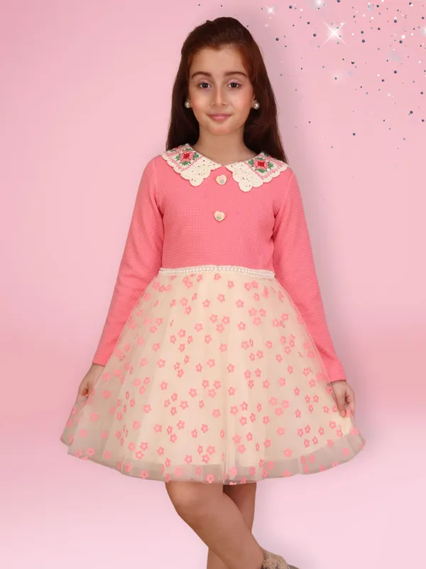 Cutecumber_Girls_Coral_Pink_Top_Cream_Floral_Tulle_Knee_Length_Party_Frock_Dress_with_Embroidered_Collar_�_Elegant_Birthday,_Wedding_Outfit_for_Kids_&_Baby_Girls_(Age_1�15_Yrs)