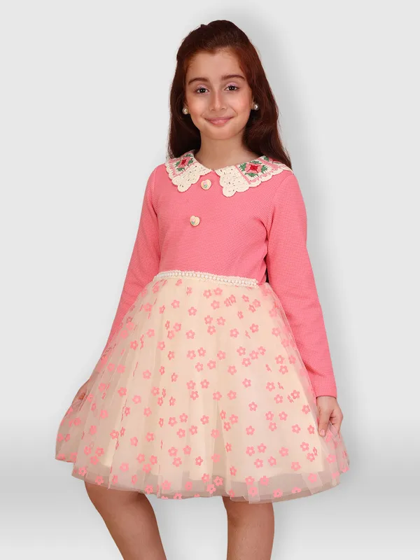Cutecumber_Girls_Coral_Pink_Top_Cream_Floral_Tulle_Knee_Length_Party_Frock_Dress_with_Embroidered_Collar_�_Elegant_Birthday,_Wedding_Outfit_for_Kids_&_Baby_Girls_(Age_1�15_Yrs)