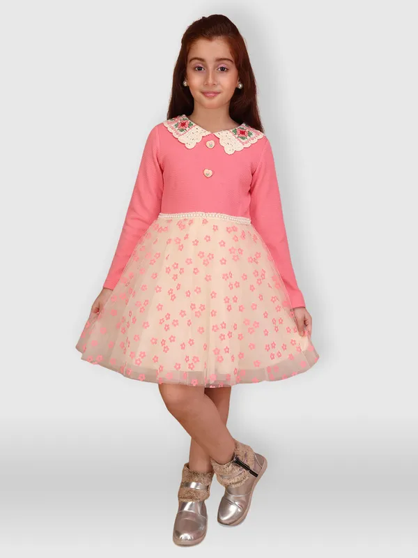 Cutecumber_Girls_Coral_Pink_Top_Cream_Floral_Tulle_Knee_Length_Party_Frock_Dress_with_Embroidered_Collar_�_Elegant_Birthday,_Wedding_Outfit_for_Kids_&_Baby_Girls_(Age_1�15_Yrs)