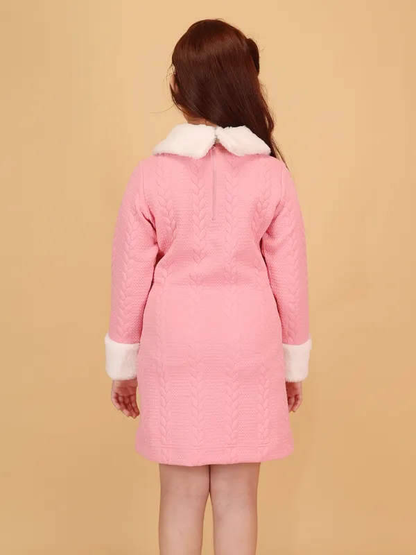 Cutecumber_Pink_Winter_Dress_for_Girls'_with_Handbag_Knit_Fur_Collar_Neck_Full_Sleeve_A-Line_Frock_Cable_Knit_Embellished_Bow_Easy_Zip_Closure_Casual_Party_Outfit_for_Baby_Girls_&_Kids_Age_1-15_Yrs