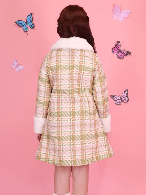 Cutecumber_Girls'_Green_Check_Tweed_Fur_Winter_Coat_Dress_Full_Sleeve_Knee_Length_Outfit_Soft_Fur_Collar_Cuffs_Button_Closure_Warm_Party_Outfit_Stylish_Winter_Wear_for_Baby_Girls_&_Kids_Age_1-15_Yrs