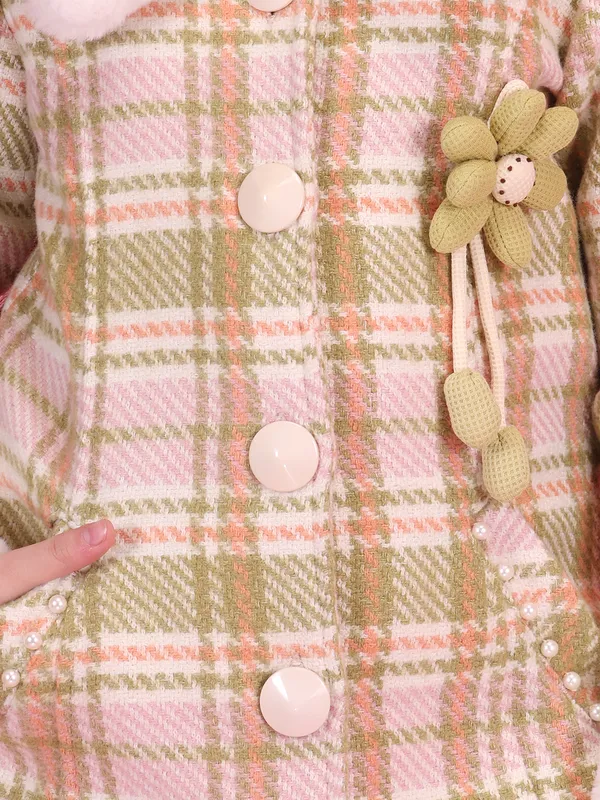 Cutecumber_Girls'_Green_Check_Tweed_Fur_Winter_Coat_Dress_Full_Sleeve_Knee_Length_Outfit_Soft_Fur_Collar_Cuffs_Button_Closure_Warm_Party_Outfit_Stylish_Winter_Wear_for_Baby_Girls_&_Kids_Age_1-15_Yrs