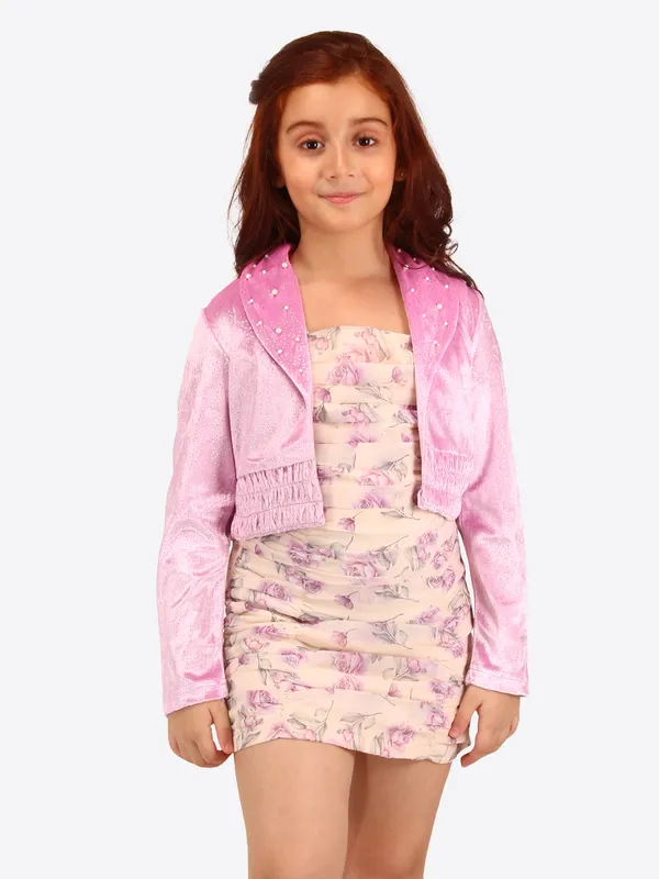 Cutecumber_Pink_Ruched_Shift_Dress_with_Full_Sleeve_Chenille_Shrug