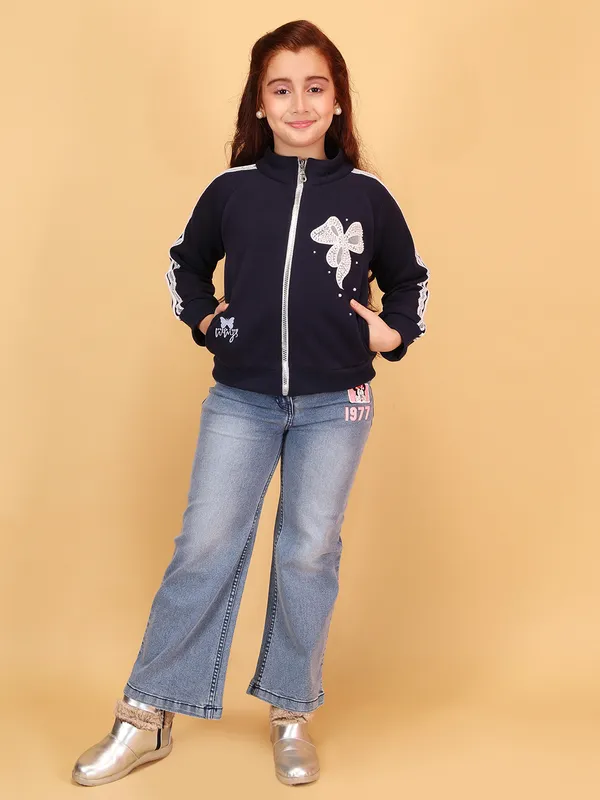 Cutecumber_Navy_Winter_Jacket_For_Girls'_Fleece_Fabric_Full_Sleeve_Stand_Collar_Neck_Track_Style_Rhinestone_Embellished_Bow_Full_Zip_Closure_Party_Casual_Outfit_for_Baby_Girls_&_Kids_Age_1-15_Yrs