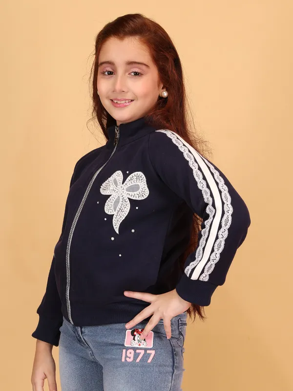 Cutecumber_Navy_Winter_Jacket_For_Girls'_Fleece_Fabric_Full_Sleeve_Stand_Collar_Neck_Track_Style_Rhinestone_Embellished_Bow_Full_Zip_Closure_Party_Casual_Outfit_for_Baby_Girls_&_Kids_Age_1-15_Yrs
