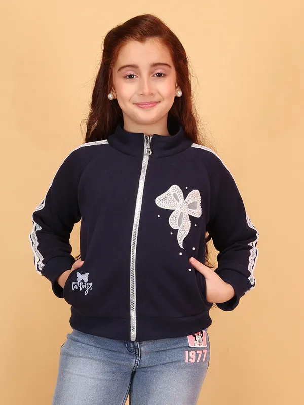 Cutecumber_Navy_Winter_Jacket_For_Girls'_Fleece_Fabric_Full_Sleeve_Stand_Collar_Neck_Track_Style_Rhinestone_Embellished_Bow_Full_Zip_Closure_Party_Casual_Outfit_for_Baby_Girls_&_Kids_Age_1-15_Yrs