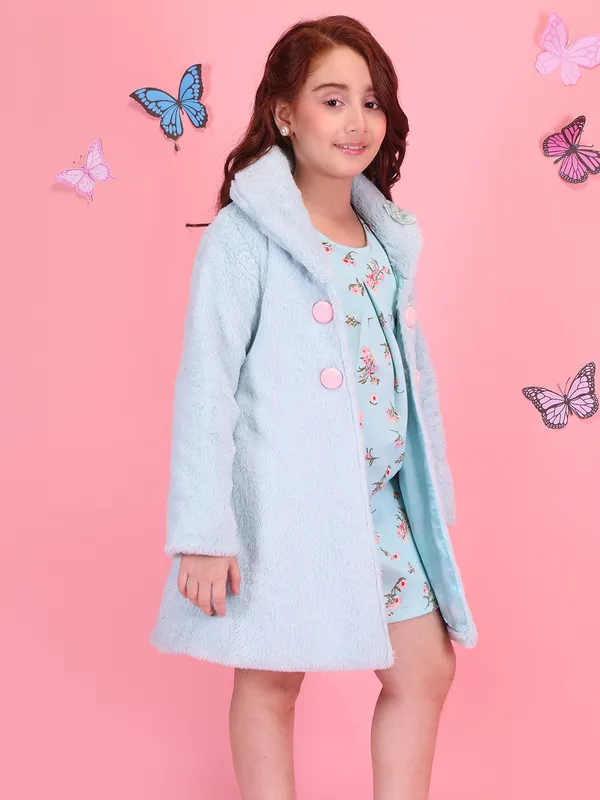 Cutecumber_Girls'_Winter_Party_Aqua_Knee-Length_Two_Piece_Long_Coat_A-Line_Dress_Printed_Suede_Fabric_Open_Front_Jacket_Lapel_Collar_Full_Sleeve_Plain_Cuff_Stylish_for_Baby_Girls_&_Kids_Age_1-15_Yrs