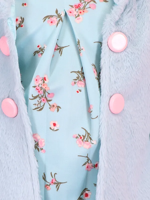 Cutecumber_Girls'_Winter_Party_Aqua_Knee-Length_Two_Piece_Long_Coat_A-Line_Dress_Printed_Suede_Fabric_Open_Front_Jacket_Lapel_Collar_Full_Sleeve_Plain_Cuff_Stylish_for_Baby_Girls_&_Kids_Age_1-15_Yrs