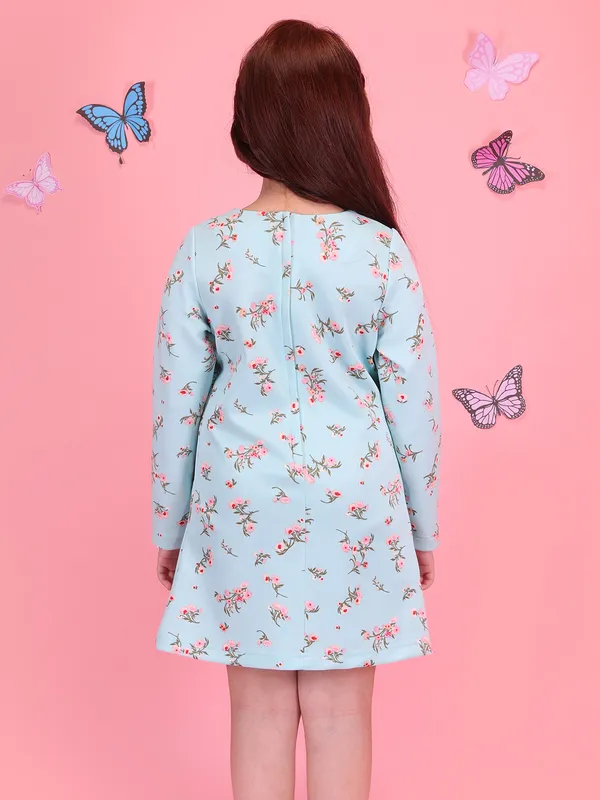 Cutecumber_Girls'_Winter_Party_Aqua_Knee-Length_Two_Piece_Long_Coat_A-Line_Dress_Printed_Suede_Fabric_Open_Front_Jacket_Lapel_Collar_Full_Sleeve_Plain_Cuff_Stylish_for_Baby_Girls_&_Kids_Age_1-15_Yrs