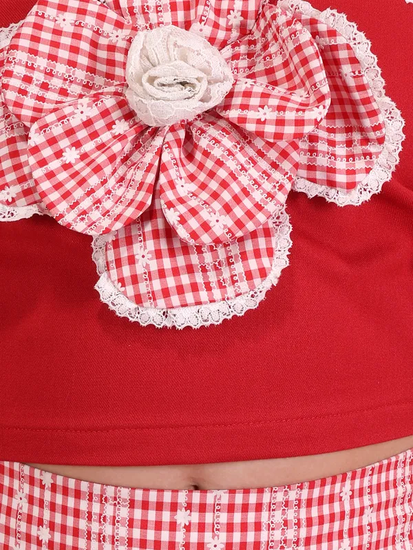 Cutecumber_Girls_Red_Gingham_Co-Ord_Set_Halter_Neck_Applique_Crop_Top_Wide_Leg_Culotte_Pants_Stylish_Summer_Party_Outfit_Breathable_Cotton_Trend_Fashion_Kids_Clothing_For_Girls_Age_1-15_Yrs