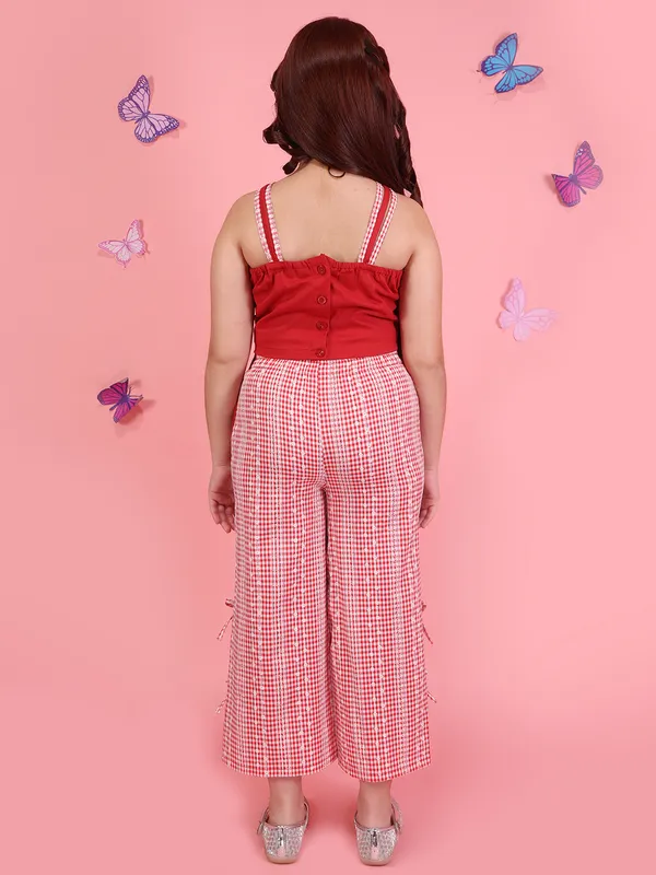 Cutecumber_Girls_Red_Gingham_Co-Ord_Set_Halter_Neck_Applique_Crop_Top_Wide_Leg_Culotte_Pants_Stylish_Summer_Party_Outfit_Breathable_Cotton_Trend_Fashion_Kids_Clothing_For_Girls_Age_1-15_Yrs