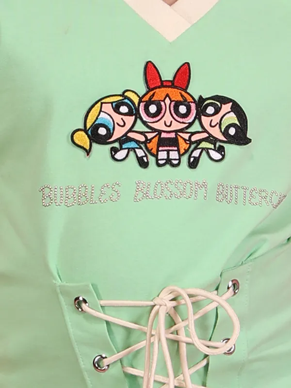 Cutecumber_Girls_Green_Short_Sleeve_Collar_Neck_Knit_T-Shirt_Top_with_Cartoon_Applique_Print_Lace-Up_Waist_Casual_Summer_Outfit_for_Baby_Girls_&_Kids_Age_1-15_Yrs