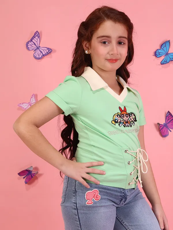 Cutecumber_Girls_Green_Short_Sleeve_Collar_Neck_Knit_T-Shirt_Top_with_Cartoon_Applique_Print_Lace-Up_Waist_Casual_Summer_Outfit_for_Baby_Girls_&_Kids_Age_1-15_Yrs