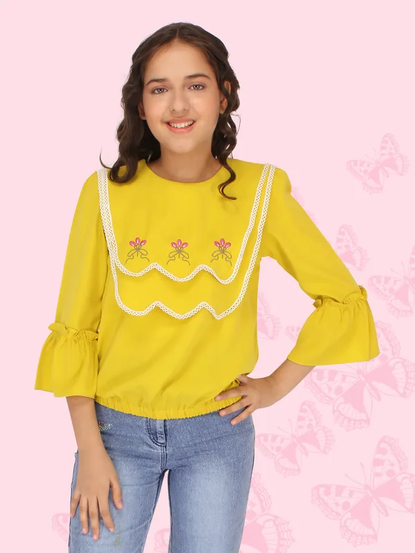 Cutecumber_Girls_Georgette_3/4th_Embroidered_Full_Sleeves_Top_Neon
