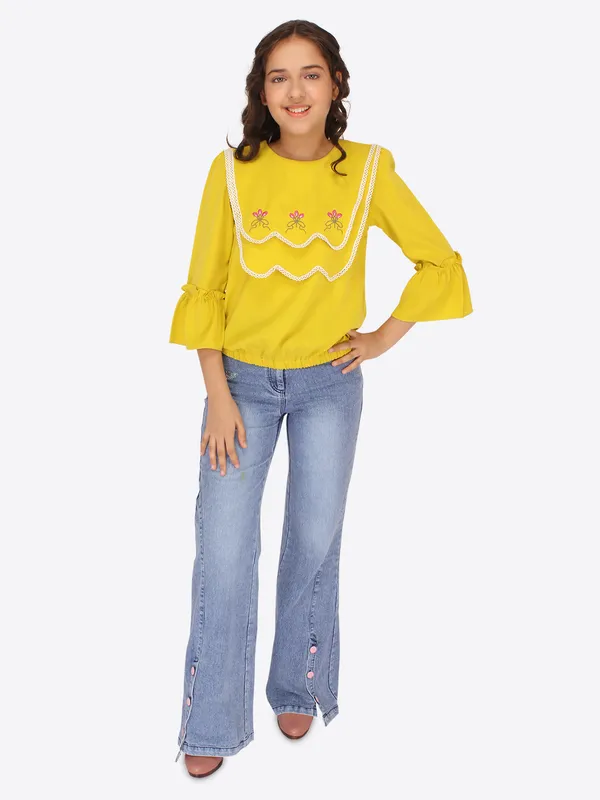 Cutecumber_Girls_Georgette_3/4th_Embroidered_Full_Sleeves_Top_Neon