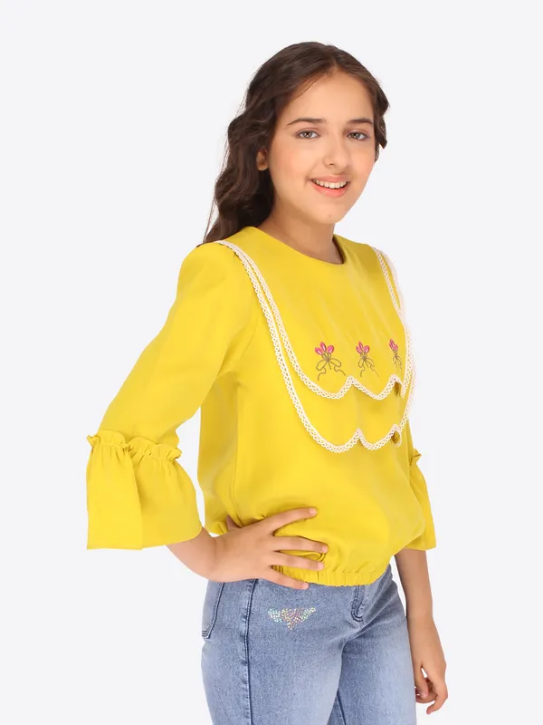 Cutecumber_Girls_Georgette_3/4th_Embroidered_Full_Sleeves_Top_Neon