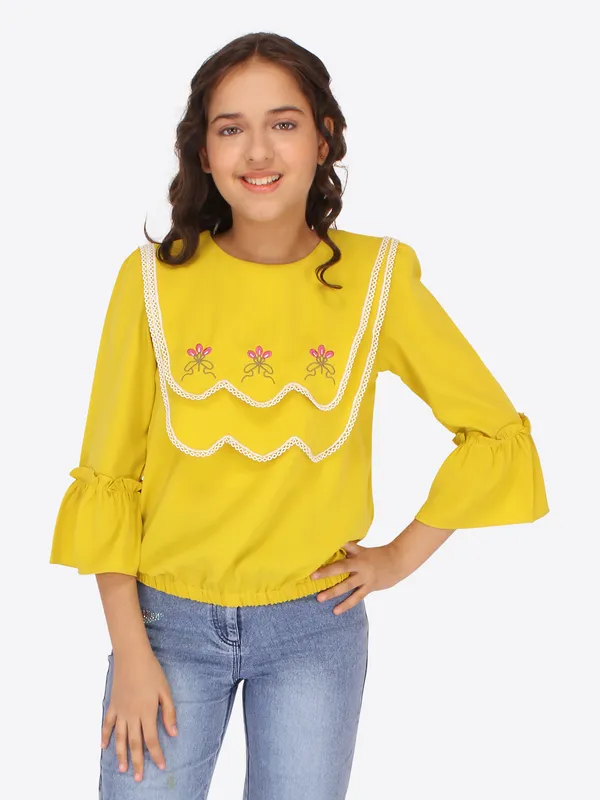 Cutecumber_Girls_Georgette_3/4th_Embroidered_Full_Sleeves_Top_Neon