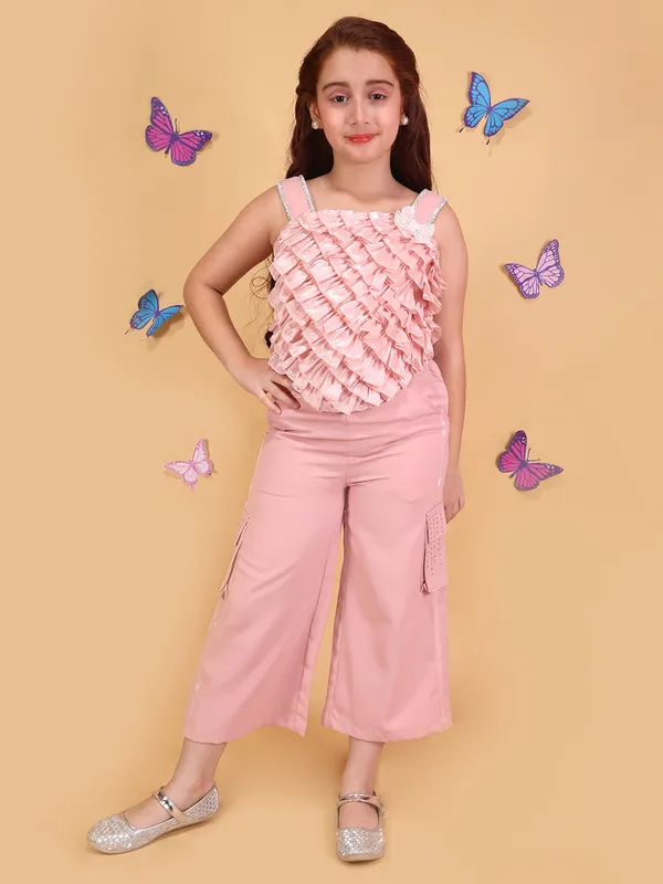 Cutecumber_Girls_Peach_Ruffle_Applique_Co_Ord_Set_Sleeveless_Designer_Top_Wide_Leg_Cargo_Pants_Stylish_Party_Trendy_Festive_Outfit_Lightweight_Comfortable_Kids_Clothing_Set_For_Girls_Age_1-15_Yrs