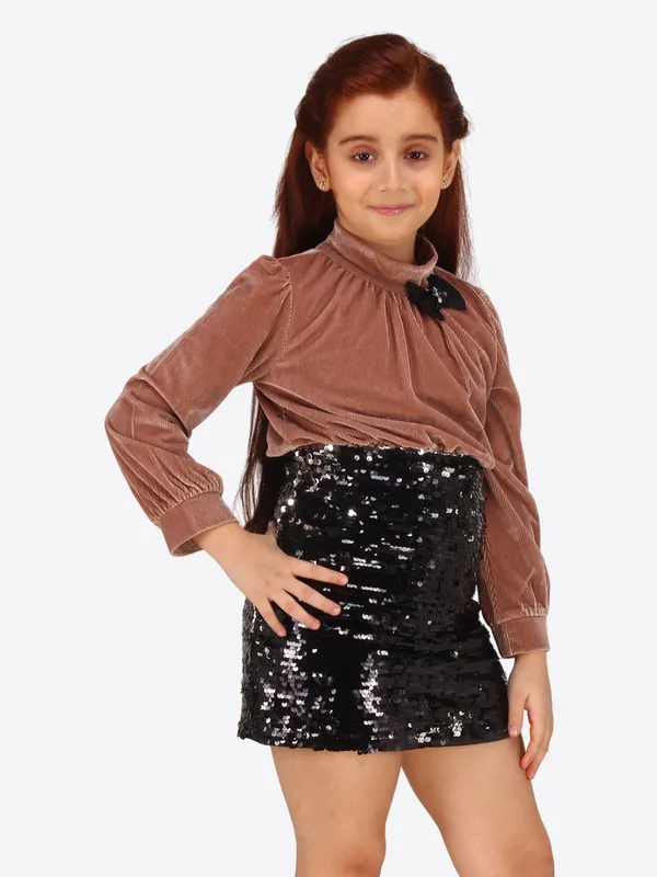 Cutecumber_Brown_Stretch_Velvet_Blouson-Style_Dress_for_Girls_-_Gathered_Sleeves,_Sequin_Bottom,_Black_Bow_Detail_|_CC8701D-BROWN