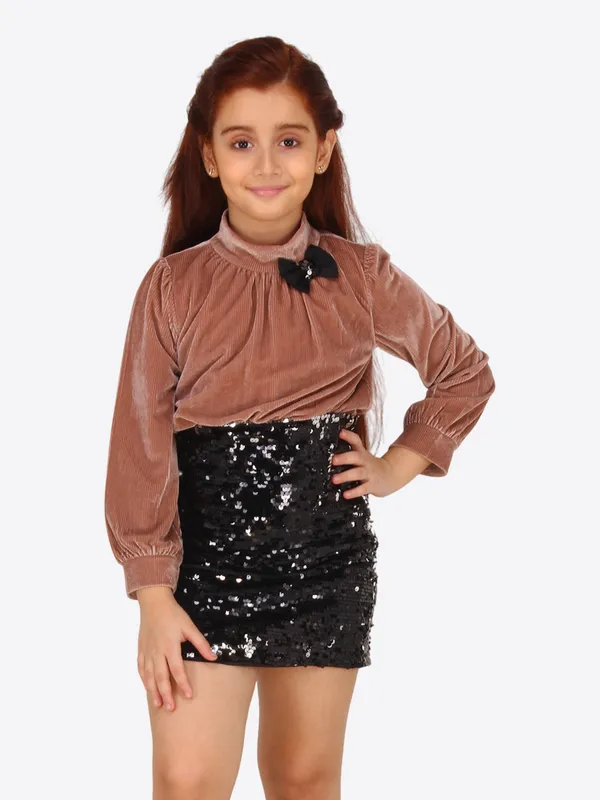Cutecumber_Brown_Stretch_Velvet_Blouson-Style_Dress_for_Girls_-_Gathered_Sleeves,_Sequin_Bottom,_Black_Bow_Detail_|_CC8701D-BROWN