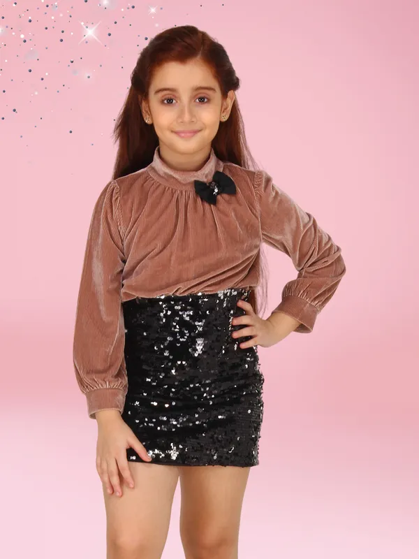 Cutecumber_Brown_Stretch_Velvet_Blouson-Style_Dress_for_Girls_-_Gathered_Sleeves,_Sequin_Bottom,_Black_Bow_Detail_|_CC8701D-BROWN
