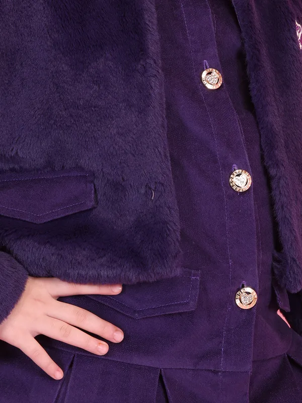 Cutecumber_Girls'_Purple_Winter_Party_Knee_Length_Two_Piece_A-Line_Suede_Dress_Open_Front_Jacket_&_Button_Closure_Round_Neck_Plain_Cuff_Stylish_Casual_Wear_for_Baby_Girls_and_Kids_1-15_Yrs