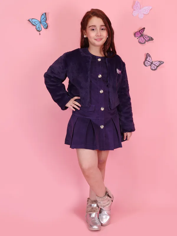 cutecumber winter dresses CuteCumber Cutecumber Blue Winter Organza Dress Navy Plaid Collar Neck, Full Sleeve Knee-Length Fit & Flare Frock Pearl Button Closure Stylish Birthday Party Outfit for Baby Girls & Kids Age 1-15 Yrs