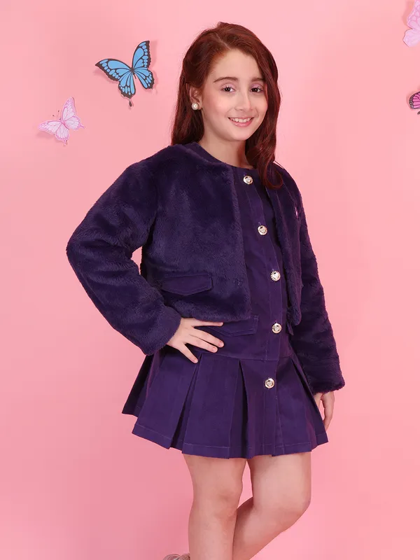 Cutecumber_Girls'_Purple_Winter_Party_Knee_Length_Two_Piece_A-Line_Suede_Dress_Open_Front_Jacket_&_Button_Closure_Round_Neck_Plain_Cuff_Stylish_Casual_Wear_for_Baby_Girls_and_Kids_1-15_Yrs