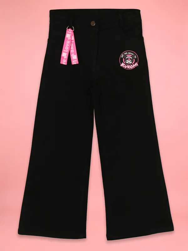 Cutecumber_Black_Wide_Leg_Jeans_for_Girls'_Cotton_Rich_Denim_High_Waist_Baggy_Fit_Full_Length_Trouser_Kuromi_Embellished_Print_Front_Button_Closure_Casual_Wear_for_Baby_Girls_&_Kids_Age_1-15_Yrs