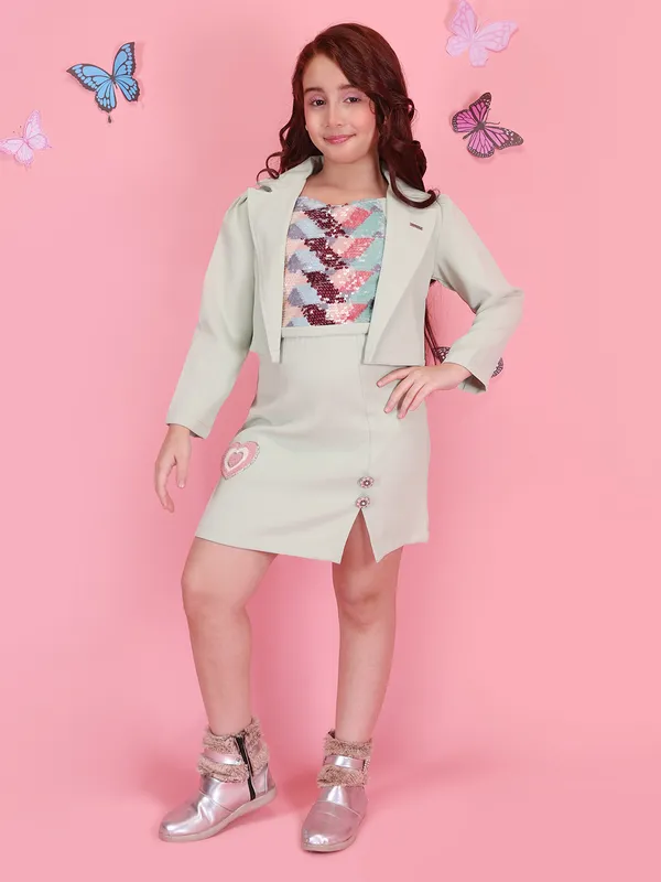 Cutecumber_Girls'_Green_Party_Skirt_Dress_Sequin_Top_with_Jacket_Stylish_Two_Piece_Outfit_Fancy_Buttons_Stylish_Heart_Patch_Detail_Elegant_Winter_Occasional_Wear_for_Baby_Girls_&_Kids_Age_1-15_Yrs