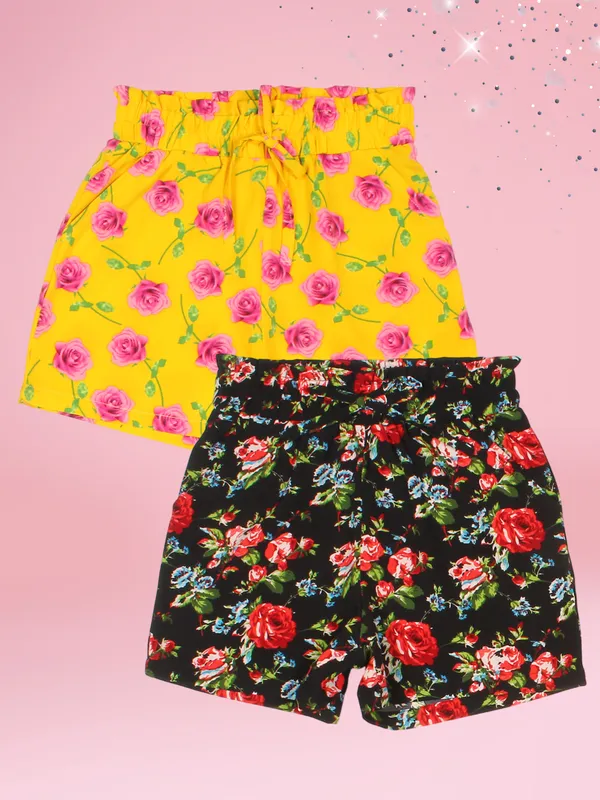 Cutecumber_Girls_Polyester_Shorts_-_Striped_&_Floral_Print,_Drawstring_Closure,_No_Pocket_-_Comfortable_Summer_Wear_for_Ages_1-15_(Pack_of_2)