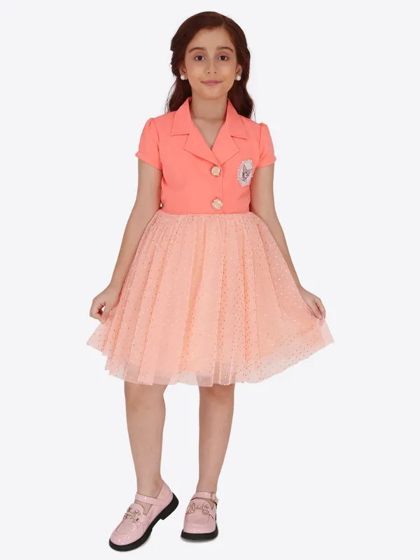 Cutecumber_Girls_Knit_&_Net_Party_Dress_Peach_Short-Sleeve_Collared_Bodice_with_Tulle_Polka-Dot_Skirt_Birthday_Party_Festive_Outfit_&_Special_Occasion_Gift_Set_for_Girls_&_Baby_Girls_Age_1-15_Years