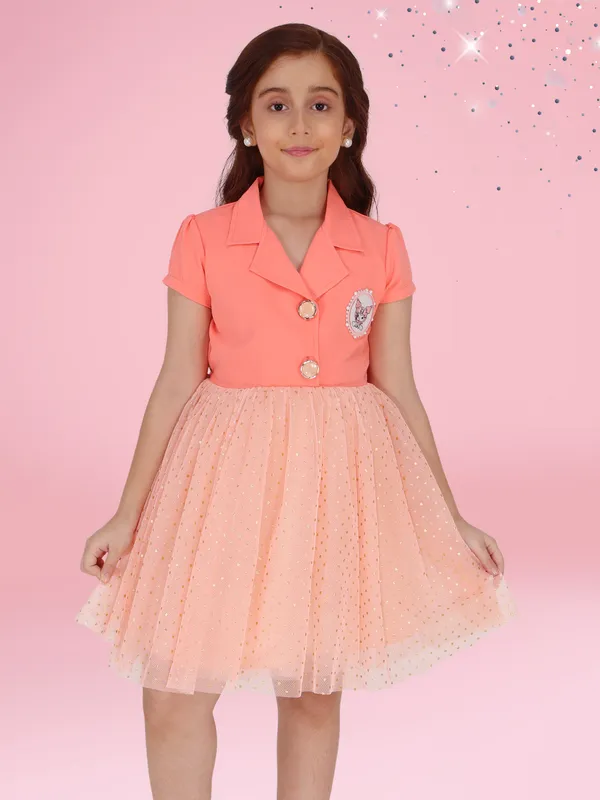 Cutecumber_Girls_Knit_&_Net_Party_Dress_Peach_Short-Sleeve_Collared_Bodice_with_Tulle_Polka-Dot_Skirt_Birthday_Party_Festive_Outfit_&_Special_Occasion_Gift_Set_for_Girls_&_Baby_Girls_Age_1-15_Years