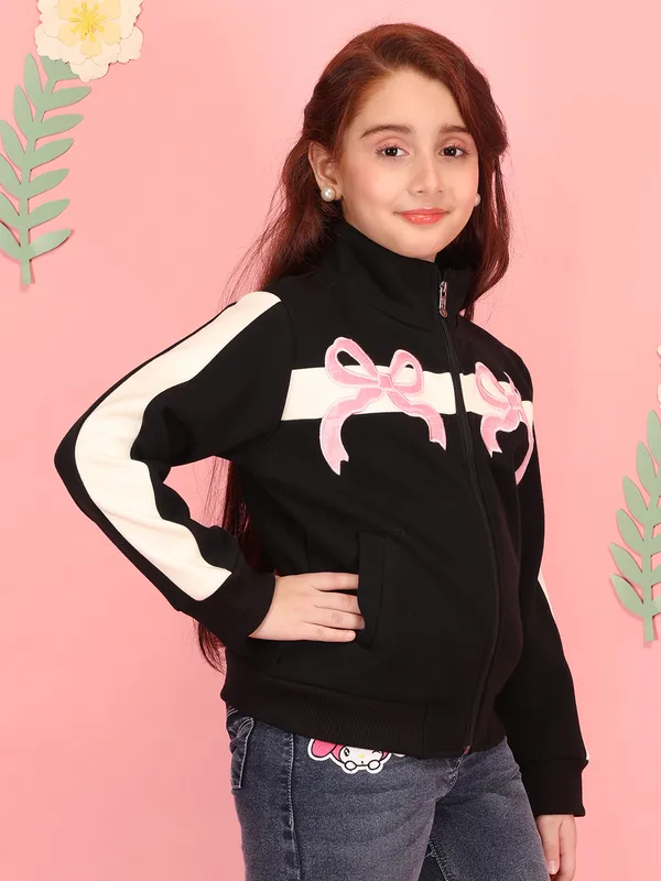 Cutecumber_Girls'_Black_Winter_Jacket_with_Front_Pockets_Fleece_Fabric_Mock_Neck_Full_Sleeve_Track_Style_Embellished_Print_Full_Zip_Closure_Fancy_Casual_Outfit_for_Baby_Girls_&_Kids_Age_1-15_Yrs