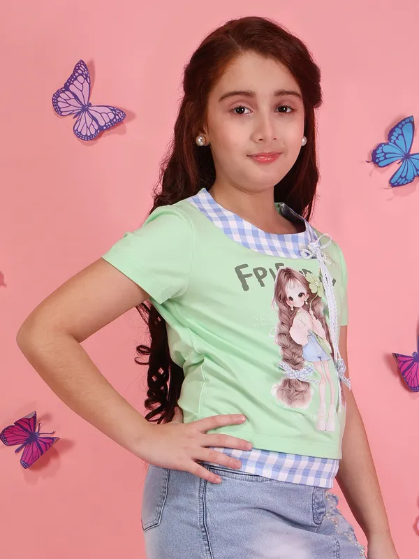 Cutecumber_Girls_Aqua_Short_Sleeve_Knit_Top_5�6Y_Check_Collar_Graphic_Applique_Casual_Summer_Tshirt_Soft_Stretch_Trendy_Kids_Fashion_Button_Closure_Outfit_for_Baby_Girls_&_Kids_Age_1-15_Yrs