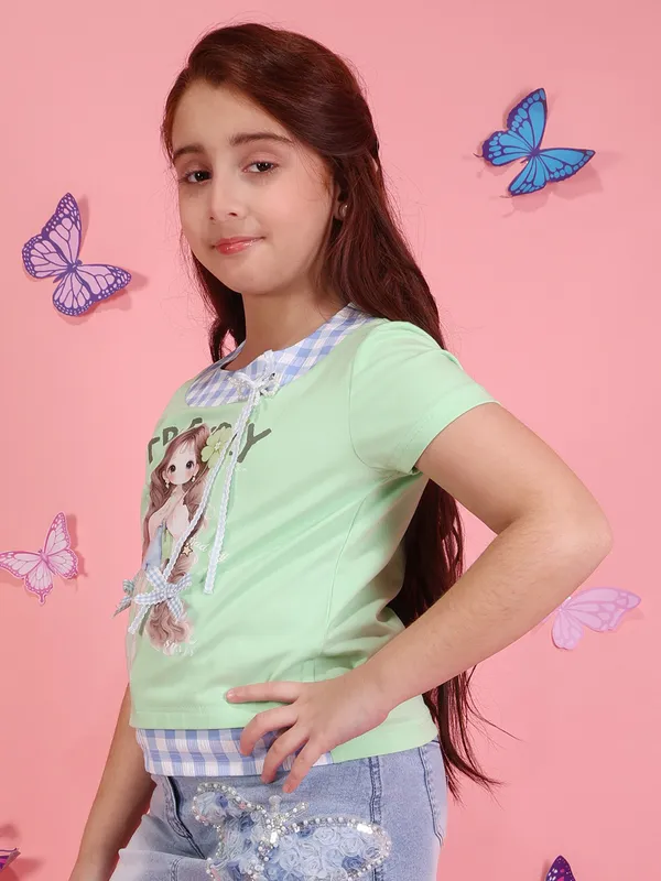 Cutecumber_Girls_Aqua_Short_Sleeve_Knit_Top_5�6Y_Check_Collar_Graphic_Applique_Casual_Summer_Tshirt_Soft_Stretch_Trendy_Kids_Fashion_Button_Closure_Outfit_for_Baby_Girls_&_Kids_Age_1-15_Yrs