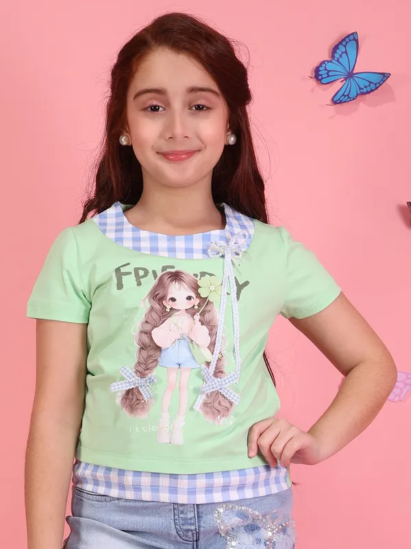 Cutecumber_Girls_Aqua_Short_Sleeve_Knit_Top_5�6Y_Check_Collar_Graphic_Applique_Casual_Summer_Tshirt_Soft_Stretch_Trendy_Kids_Fashion_Button_Closure_Outfit_for_Baby_Girls_&_Kids_Age_1-15_Yrs