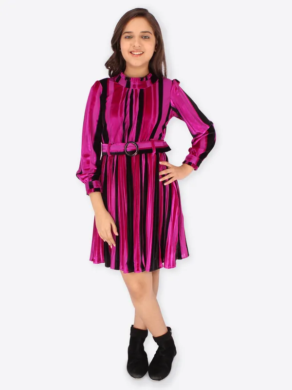 Cutecumber_Girls_Chenille_and_Fur_Fabric_with_Satin_Lining_Winter_Striped_Printed_Fuchsia_Dress_with_A_Belt_and_Bag.CC6866D-FUCHSIA