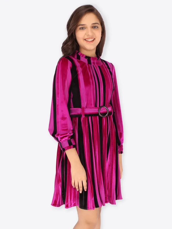 Cutecumber_Girls_Chenille_and_Fur_Fabric_with_Satin_Lining_Winter_Striped_Printed_Fuchsia_Dress_with_A_Belt_and_Bag.CC6866D-FUCHSIA